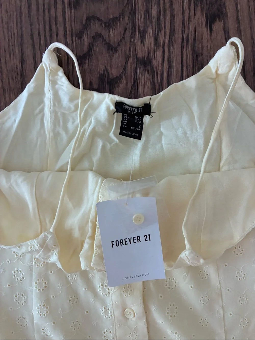 Forever 21 Light Yellow Eyelet Button-Front Spaghetti Strap Dress